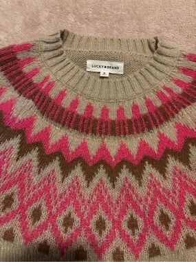Lucky Brand Beige Sweater with Pink and Brown Fair Isle Yoke